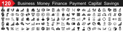 Set 120 icons of Business, Finance, Money, Payment, Capital growth, Income, Currency exchange, Savings accumulation, Rate increase