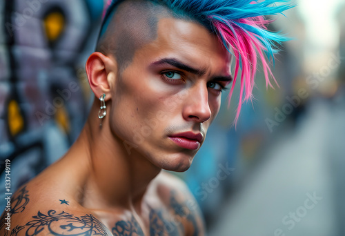 tattooed punk guy with chiseled jaw intense gaze leather jacket ripped jeans bold piercings tousled hair confident smirk city streets glowing neon lights rebellious edgy irresistible attitude cool

