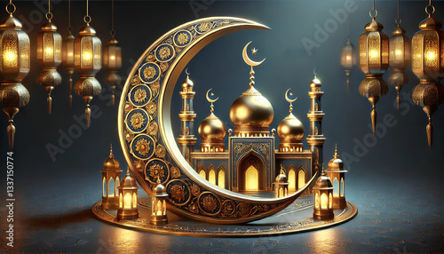 A luxurious 3D-rendered Eid Mubarak composition featuring a golden crescent moon with intricate engravings, a grand mosque with domes and minarets, and an elegant festive ambiance.  

