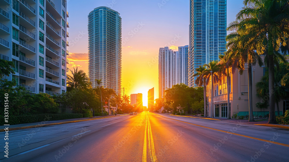 Fototapeta premium Empty morning city street at sunrise. Vector cartoon illustration of modern megalopolis architecture, windows of apartment buildings illuminated by rays of dawn. Beautiful cityscape with skyscrapers