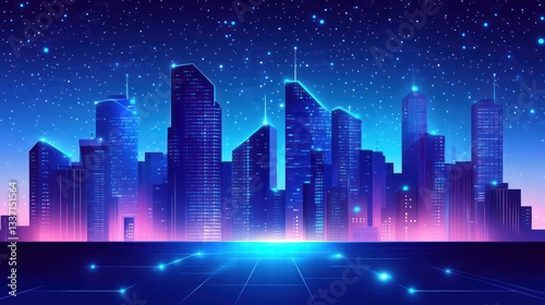 Futuristic city skyline at night with glowing neon lights.  Possible use Stock photo for technology  gaming  or sci-fi themes
