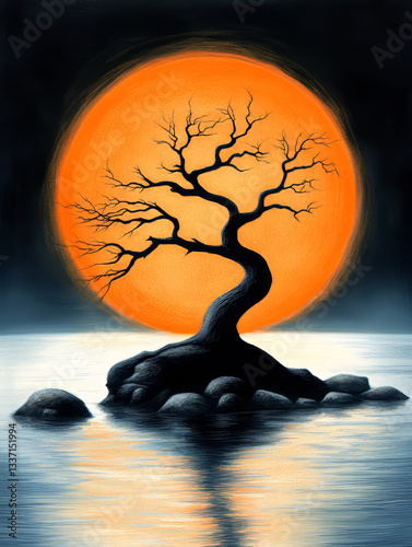 A surreal image of a bare tree with twisted branches standing on rocks in a calm body of water, against the backdrop of a glowing orange full moon, creating a striking contrast.