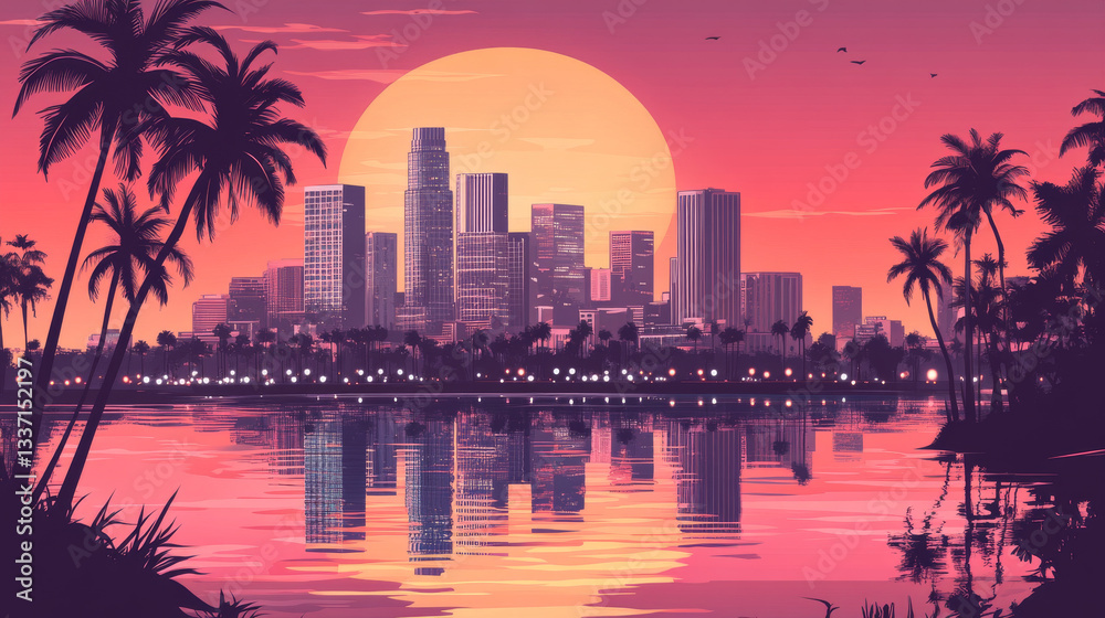 Obraz premium Sunset city skyline architecture near the bay waterfront. Modern megalopolis with palm trees, skyscrapers reflecting in water surface under pink sky panoramic background, Cartoon vector illustration