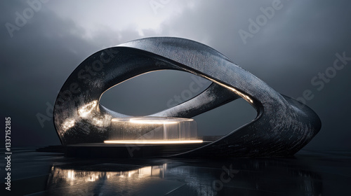 Modern sculpture featuring flowing shapes illuminated by soft lighting in a contemporary indoor space