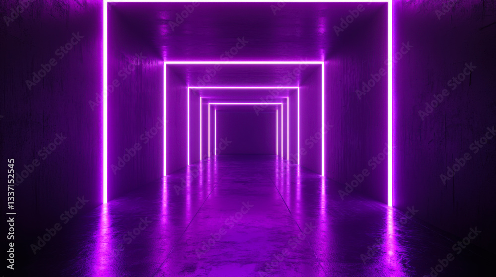 Neon-lit corridor showcasing vibrant violet lights creating a surreal atmosphere in an indoor space Neon-lit corridor showcasing vibrant violet lights creating a surreal atmosphere in an indoor space