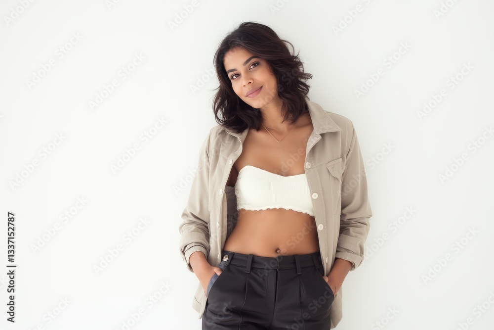 Half-Length (Waist-Up) portrait of young stylish smiling Djiboutian female model in retro wear isolated on pure white background looking at camera Half-Length (Waist-Up) portrait of young stylish smiling Djiboutian female model in retro wear isolated on pure white background looking at camera