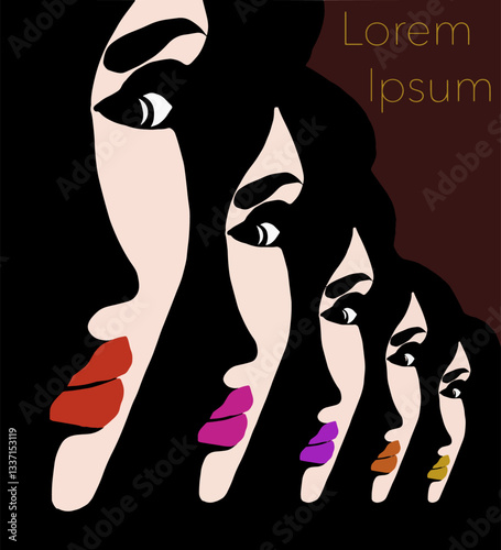 Five women wear five different colors of lipstick in an illustration about cosmetics for women.