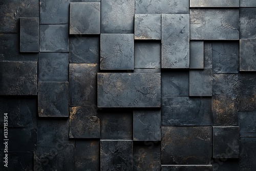 Dark textured wall composed of various geometric shaped tiles
