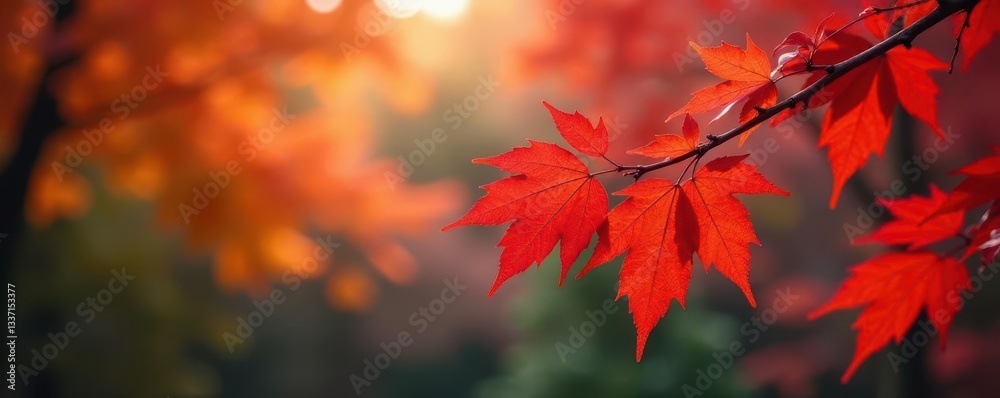Fiery red leaves on branches against a blurred autumnal backdrop , garden, crisp, image Fiery red leaves on branches against a blurred autumnal backdrop , garden, crisp, image