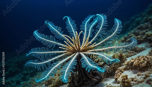 Feather Star Underwater with Glowing Arms on the Coral Reef