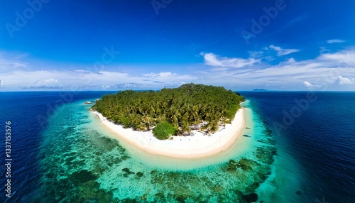Aerial photo of a tropical island with crystal-clear water and white sand, vibrant colors, and space for text overlay.
