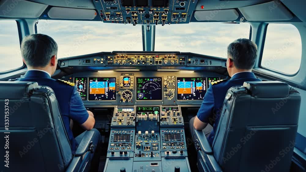 Two pilots in uniform navigate a commercial airplane from the cockpit, surrounded by advanced controls, digital displays. The view through the windows, bright sky, symbolizing aviation, flight safety.