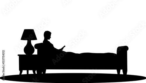 Silhouette of a man relaxing in bed with a lamp  