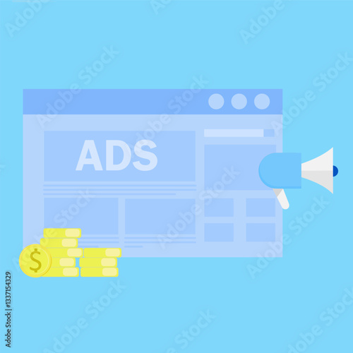 Ad Revenue - increase and optimize online pay per click advertising revenue. Illustration of a browser with website banner ads generating cash revenue. EPS 2