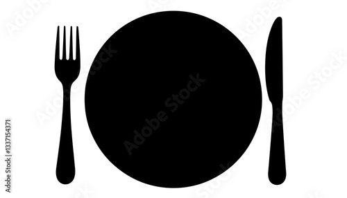 Silhouette of plate and cutlery against without background