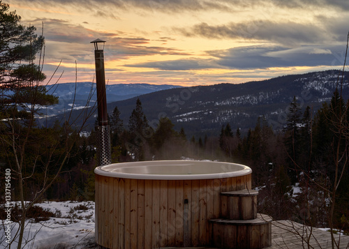  Winter Evening Hot Tub Overlooking Lake Krøderen, Norway