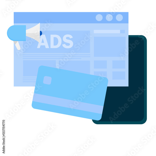 Ad Revenue - increase and optimize online pay per click advertising revenue. Illustration of a browser with website banner ads generating cash revenue