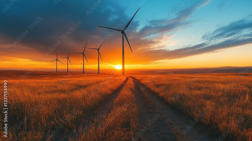 Obraz premium Sunset wind turbines in open field landscape photography rural environment golden hour view