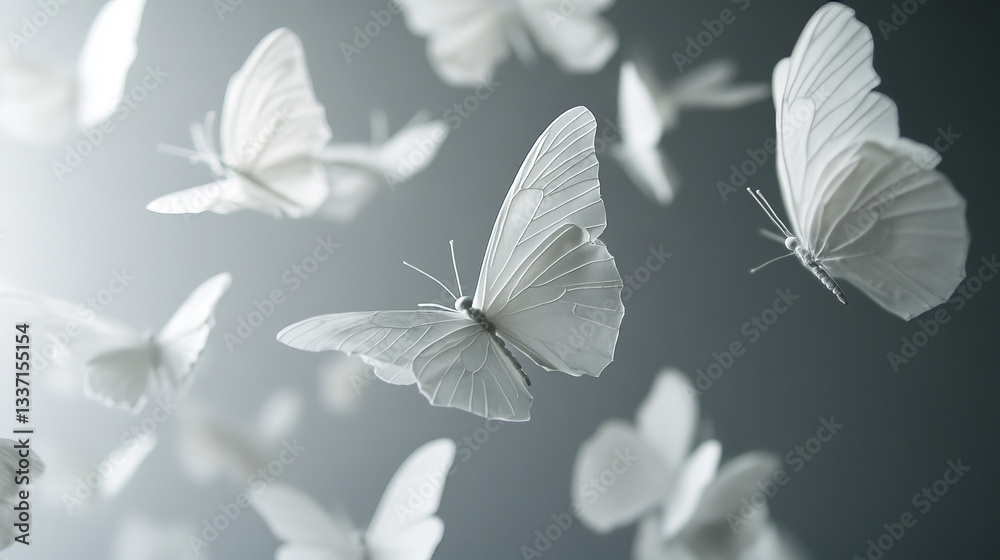 Fototapeta premium Milk splash, crown shape and white liquid silhouettes of flying butterflies isolated on gray background.