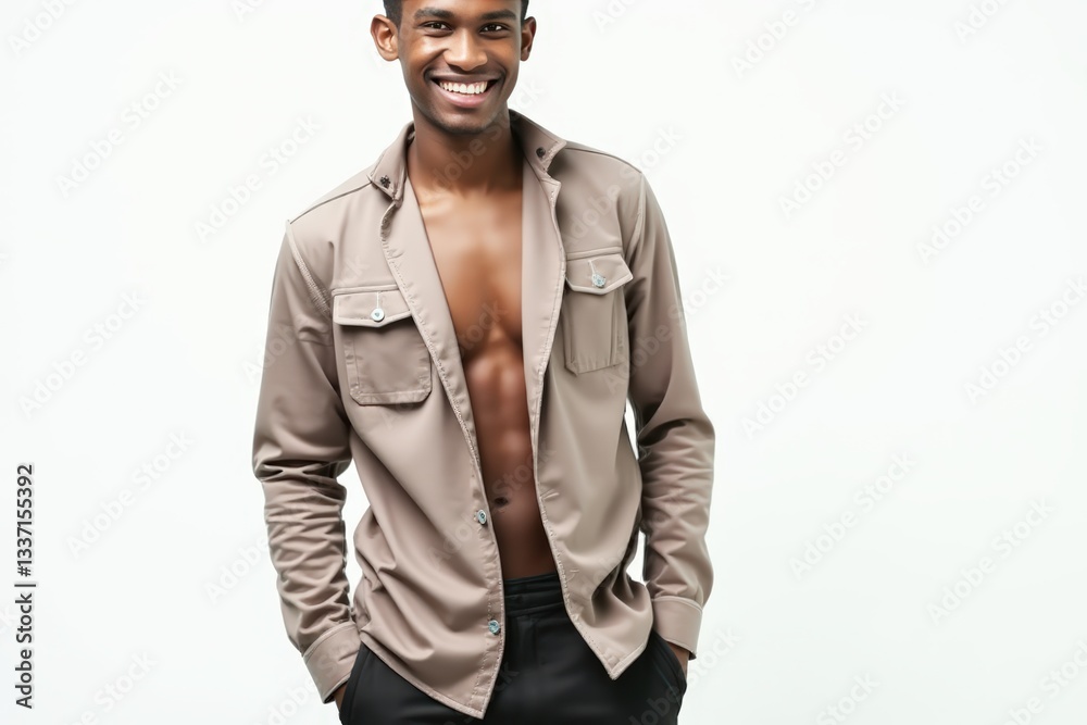 Half-Length (Waist-Up) portrait of young stylish smiling Dominican male model in costume wear isolated on pure white background looking at camera Half-Length (Waist-Up) portrait of young stylish smiling Dominican male model in costume wear isolated on pure white background looking at camera