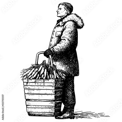 Engraved illustration of a vintage farmer carrying a basket of freshly harvested carrots