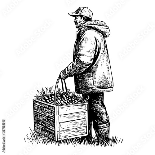 Vintage engraved illustration of a farmer carrying a wooden crate filled with fresh produce in a field