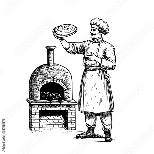 Hand-drawn vintage illustration of a chef presenting a freshly baked pizza from a wood-fired oven