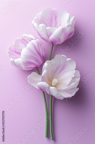 Delicate pink tulips with soft petals against a pastel purple background, evoking elegance and springtime freshness in floral decor