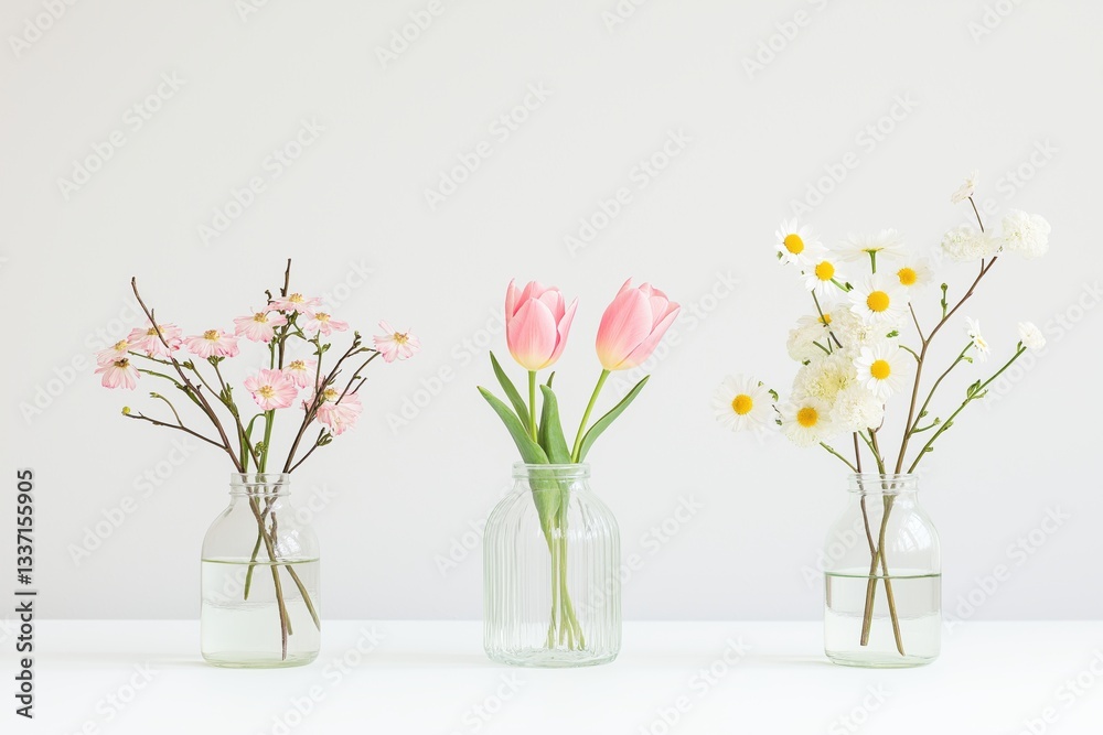 Obraz premium Elegant floral arrangements in glass vases delicate pink tulips, cherry blossoms, and daisies against a soft neutral background