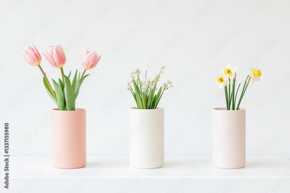 Fototapeta premium Elegant floral arrangement in minimalist vases pink tulips, delicate white daisies, and fresh greenery on a soft background for home decor inspiration