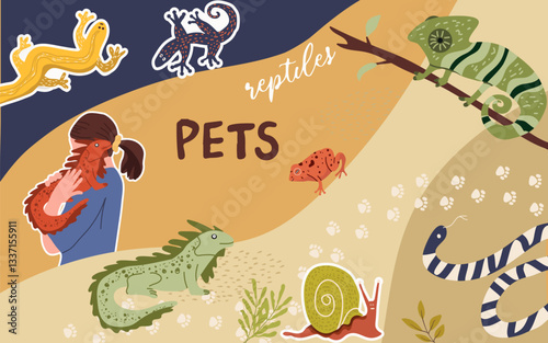 Collage, horizontal background, set of portraits of adorable pet owners and cute pets. Hand drawn vector illustration.