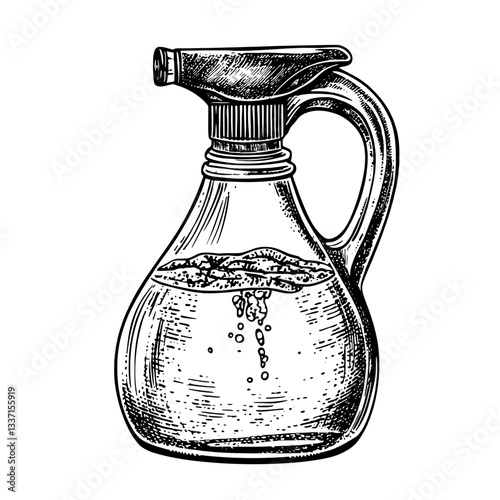 Vintage engraved illustration of a spray bottle filled with liquid, showcasing intricate hand-drawn details