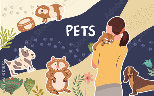 Collage, horizontal background, set of portraits of adorable pet owners and cute pets. Hand drawn vector illustration.