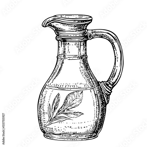 Engraved vintage illustration of a decorative pitcher showcasing intricate hand-drawn leaf design in premium black and white style