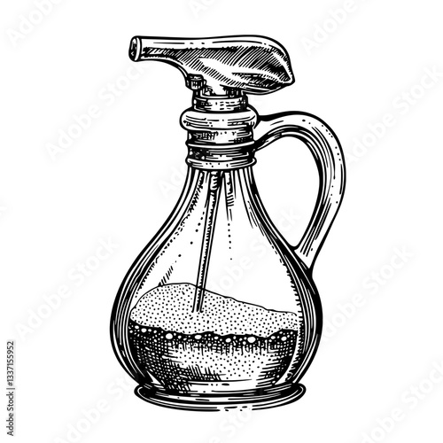 Intricate vintage illustration of a hand-drawn glass bottle with an elegant spray nozzle for dispensing powders or liquids