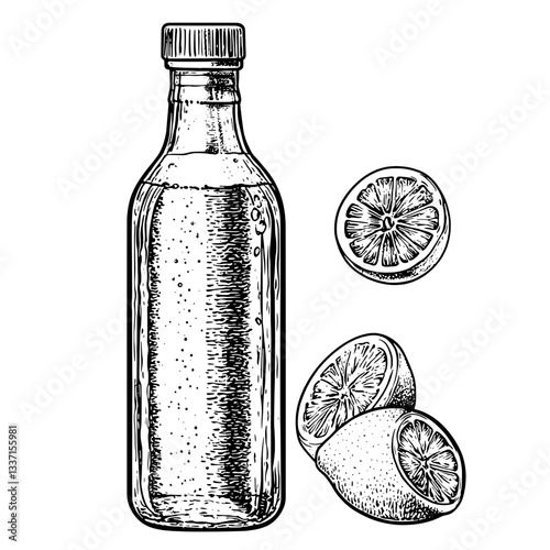 Engraved illustration of a vintage bottle with fresh lemons, showcasing a hand-drawn design