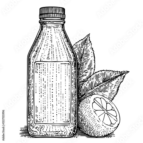 Hand-drawn vintage illustration of a refreshing beverage bottle surrounded by a lemon and green leaves