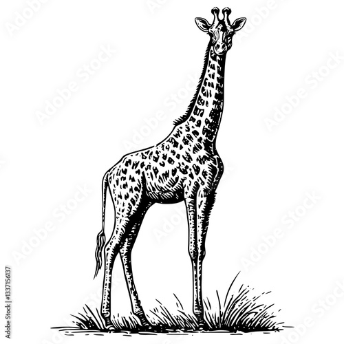 Elegant vintage illustration of a giraffe standing gracefully among the grass