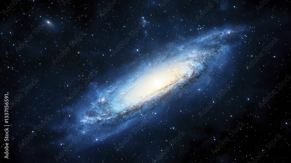Obraz premium stunning galaxy with bright core and swirling arms, set against dark starry background, evokes wonder and awe