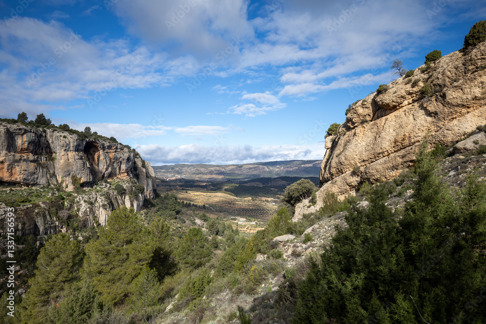 Landscape between mountains of the Benízar area in the north of Moratalla, Region of Murcia, Spain, with its extensive pine forests
