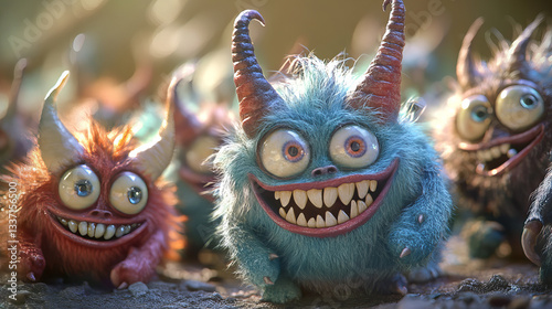 Fototapeta Naklejka Na Ścianę i Meble -  Cute monsters, little alien animals with teeth, horns, many eyes and fur. Vector cartoon set of funny creatures, small ugly beasts smile and laughing isolated on white background