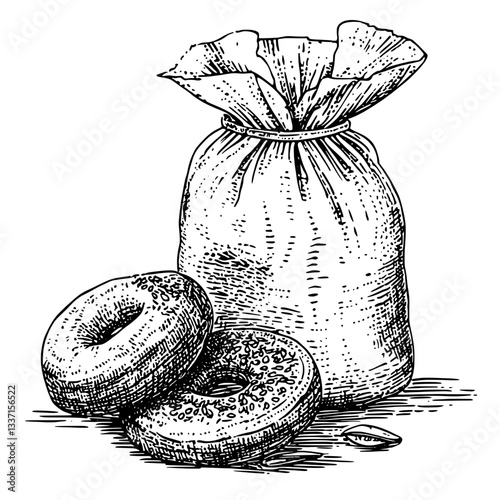 Engraved illustration of a vintage bag filled with a sweet treat alongside two delightful donuts