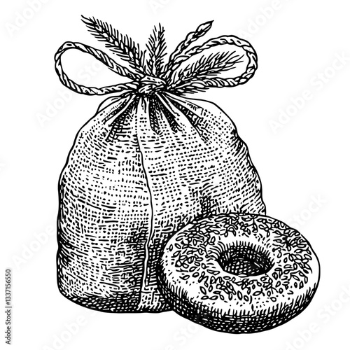 Unique hand-drawn vintage illustration of a sack with a decorative donut beside it, perfect for tattoo design enthusiasts