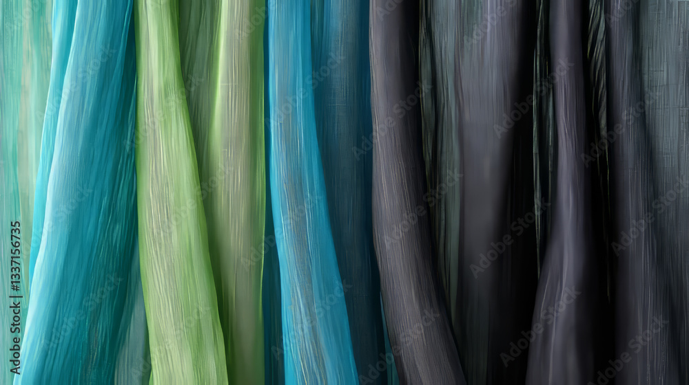 Obraz premium Cartoon set of color curtains isolated on white background. Vector illustration of thick and net textile in blue, black and green colors. Modern, classical home interior design elements