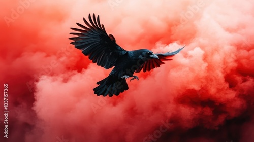 A majestic black bird gliding elegantly through a dazzling display of red smoke clouds, symbolizing freedom and the triumph of nature in a surreal atmospheric setting.