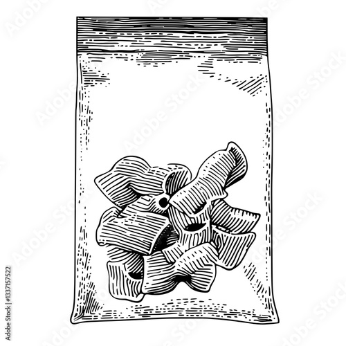 Intricate engraving showcasing a vintage snack bag with hand-drawn pasta shapes captured in detailed illustration