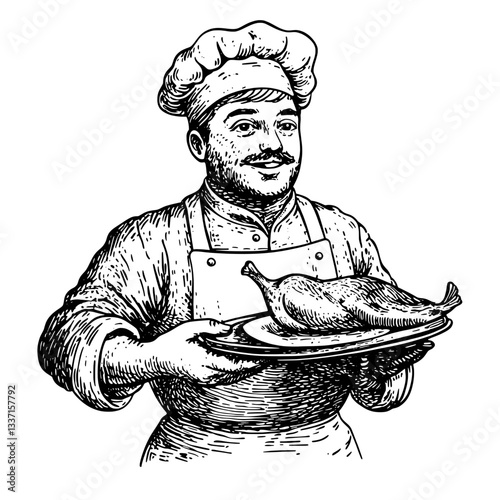 Masterful chef presenting a beautifully plated duck, showcasing vintage engraving artistry and culinary tradition in black and white