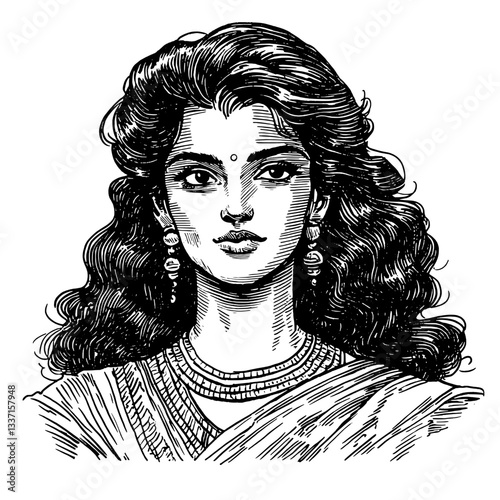 Intricate vintage engraving of a woman adorned in traditional attire with flowing hair, capturing the essence of timeless beauty