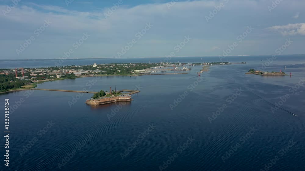 Panoramic aerial view of Kotlin Island in Kronstadt, the island of forts. Kronstadt Fortress Panoramic aerial view of Kotlin Island in Kronstadt, the island of forts. Kronstadt Fortress