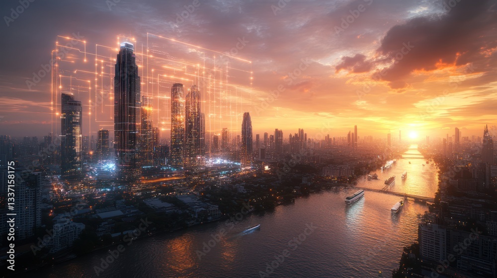 Obraz premium Sunset cityscape aerial view, digital network. Stock photo